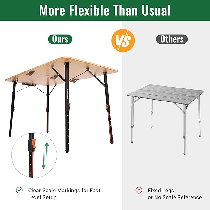 KingCamp Bamboo Folding Table, 47 Inch Large Portable Camping Table with Adjustable Height Legs for Uneven Ground, High-Strength Bamboo Surface Holds 265lbs, Multi-Scenario Table for Home & Outdoor