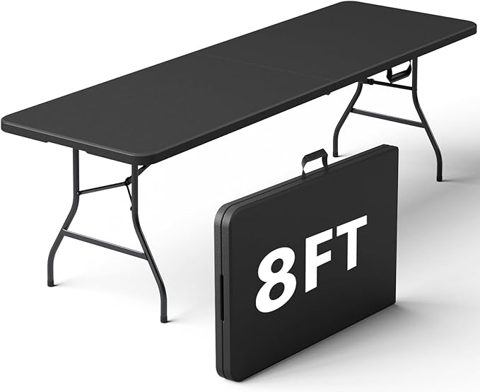 Folding Table, 8FT Foldable Picnic Table with Carrying Handle, Heavy Duty Fold-in-Half Portable Table for Weddings, Camping, RV Travel, Parties, BBQs, and Indoor Use, Easy to Fold and Store