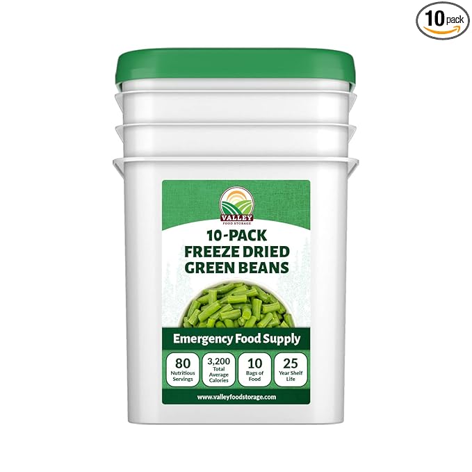 Valley Food Storage Freeze Dried Green Beans | 10-Bag Bucket, 28.2 oz | Premium Emergency Food Supply, 25 Year Shelf Life | Non-GMO Prepper Food for Camping, Cooking & Long-Term Storage, Packaged in USA