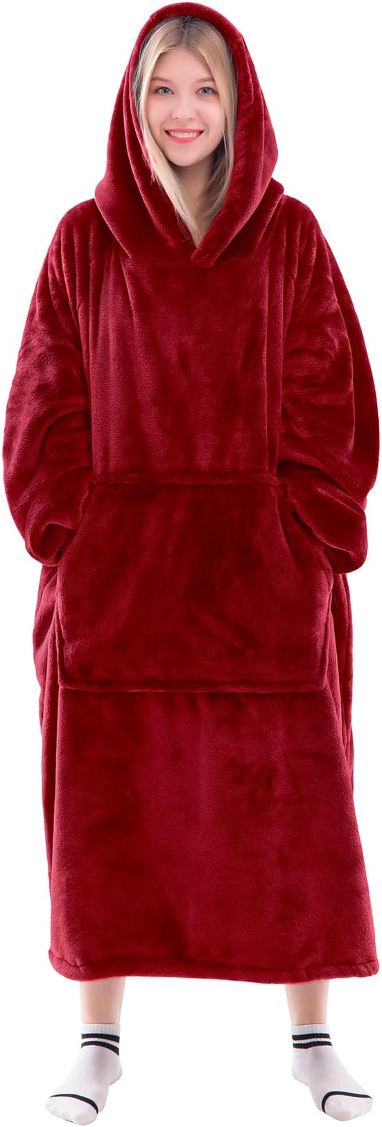 Waitu Wearable Blanket Sweatshirt for Women and Men, Super Warm and Cozy Giant Blanket Hoodie, Thick Flannel Blanket with Sleeves and Giant Pocket - Red