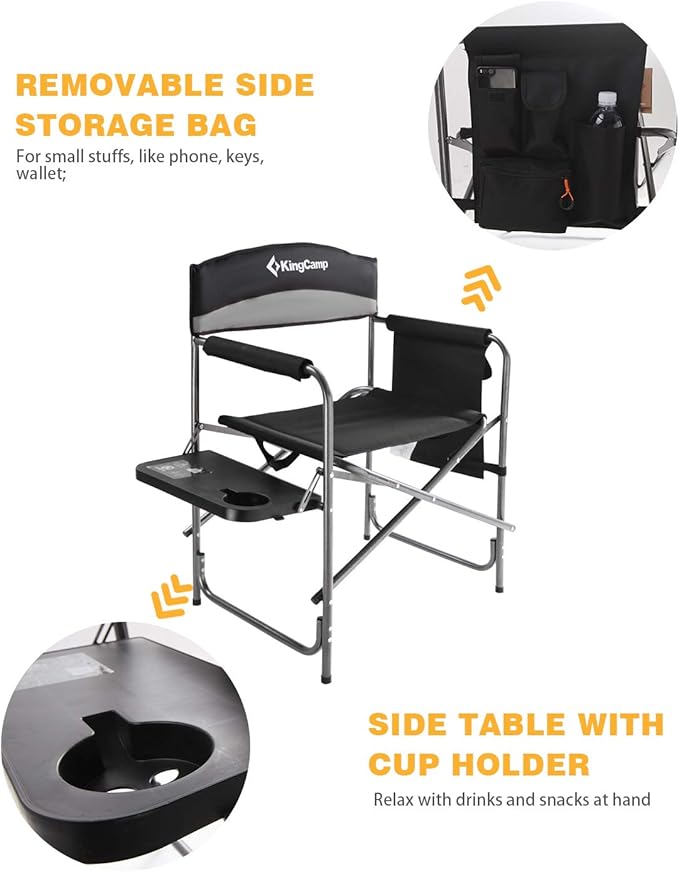 KingCamp Folding Camping Chair, Heavy Duty Portable Directors Style with Side Table Carry Handle Storage Pockets for Outdoor Tailgating Sports Backpacking Fishing, Black