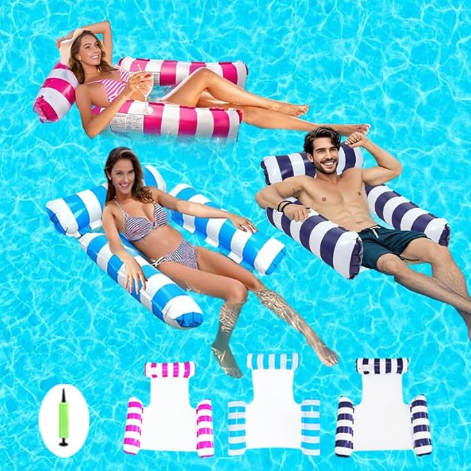 Pool Floats Adult, 4-in-1 Inflatable Water Hammock, 3 Tubes Inflatable Hammock for Adults, Portable Floating Chair Bed, Pool Floaties Toys for Adults Vacation Fun and Rest, Free Inflatable Pump