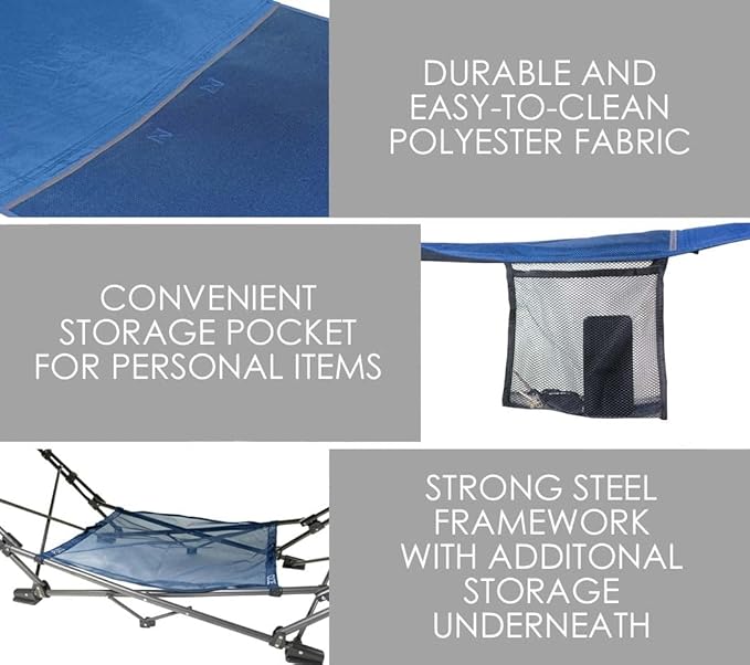 Zenithen Limited Outdoor Indoor Portable Foldable Metal Framed Lounge Hammock Furniture for Camping, Backyard, and Patio, Full Sized Hammock with Storage, Blue