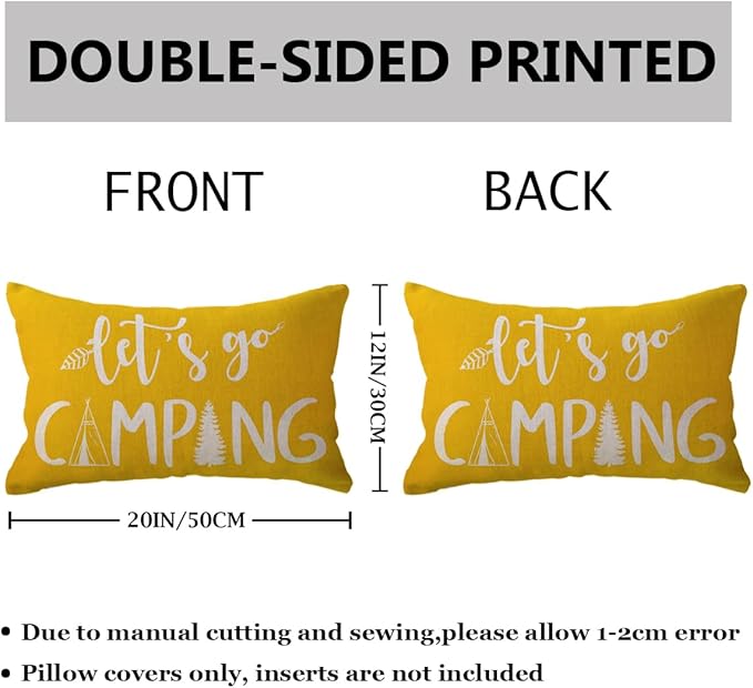 Adventure Camper Decorative Lumbar Pillowcase Double-sided Let’s Go Camping/Adventure Awaits Throw Pillow Covers Cabin/Camper Cushion Covers 12x20,2Pack for Sofa/Couch/Porch (Yellow)