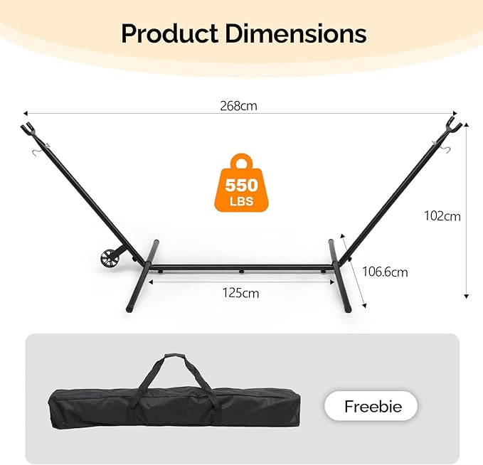 ONCLOUD Upgraded Reinforced 9 FT Hammock Stand Only, Easy to Remove w/Wheel, Heavy Duty Hammock Stand with Carrying Case, Universal Hammock Stand for Outsides, Yard (Black w/Wheel)