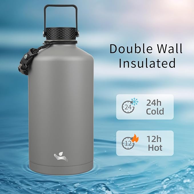 Konokyo Gallon Insulated Water Bottle with Straw,128 oz 3 Lids Water Jug with Carrying Bag,Paracord Handle, Double Wall Vacuum Stainless Steel Metal Flask,Gray