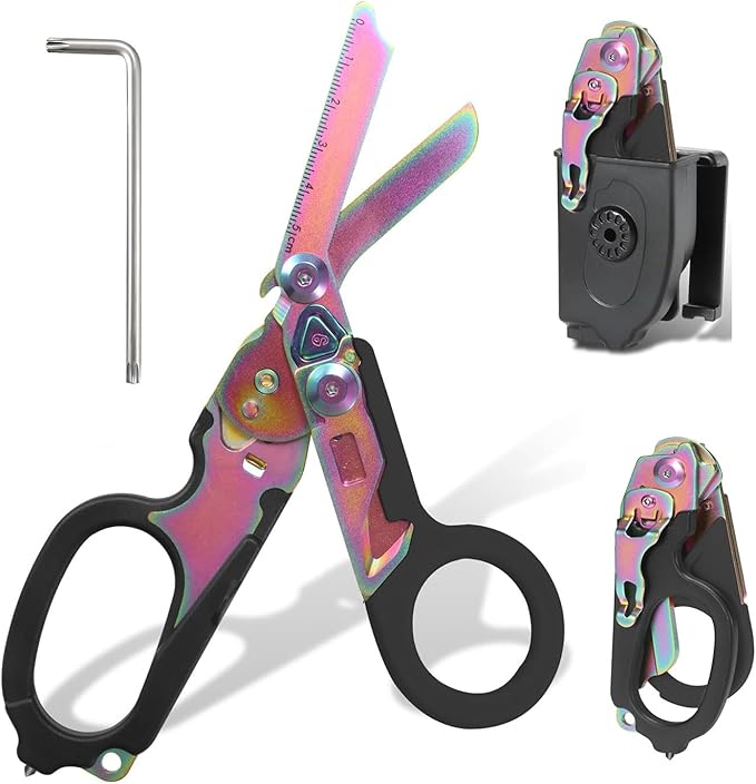 6 in 1 Multifunctional Combination Tool, Folding Retractable Emergency Shears, Outdoor Camping Tools, Seat Belt Cutter, Oxygen Cylinder Wrench, Complimentary Adjustable Wrench