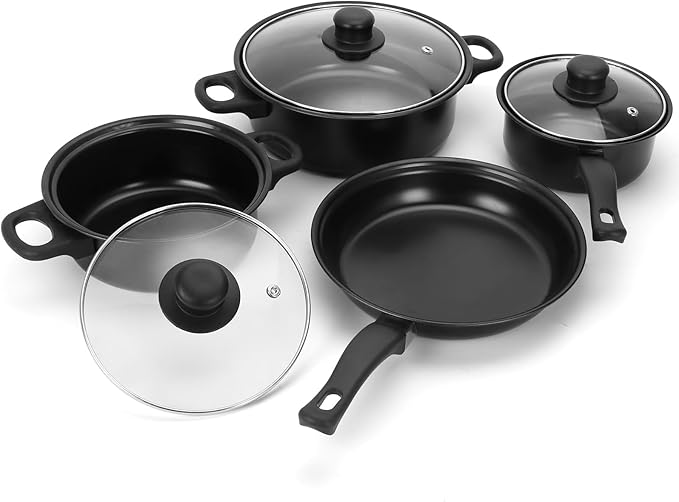 Non-Stick Cookware Set, 13 Piece Set Portable Lightweight Cast Iron Pots and Pans with Glass Lids and Nylon Utensils for Outdoor Camping Picnic Travel Cookware Black