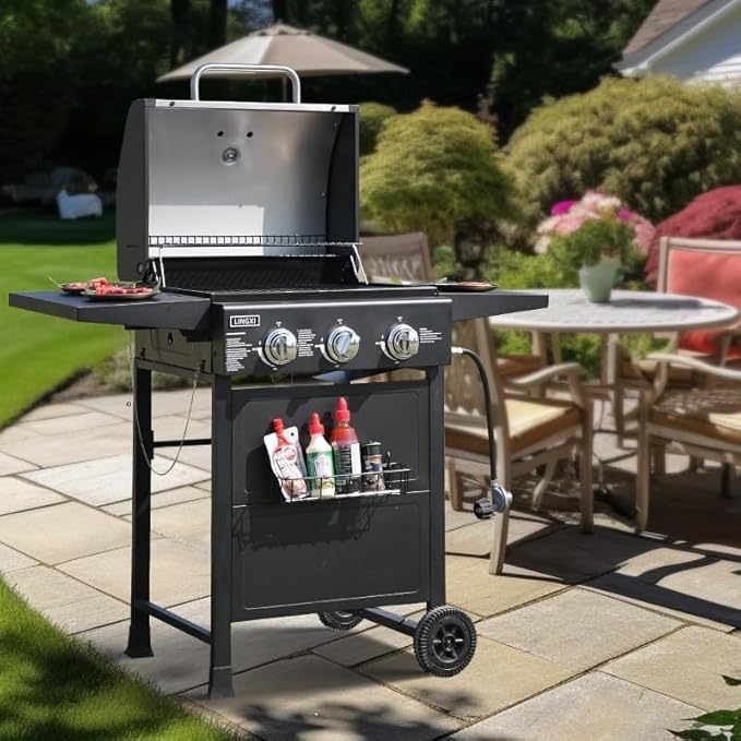 LINGXI gas grills propane 3-Burner Propane Grill, Gas Grill with front hanging basket, Asadores De Gas.30000 BTU barbecue grill, Grills outdoor cooking. Suitable for Backyard, Outdoor, Patio, Garden