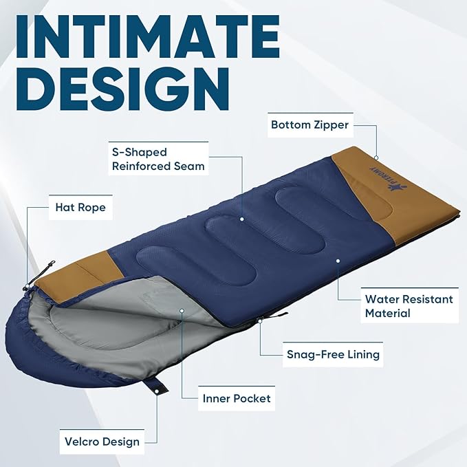 PTEROMY Sleeping Bags for Adults, Lightweight and Machine Washable, Water Resistant Backpacking Camping Sleeping Bag for Warm Cold Weather, Camping Essentials for Hiking Travel