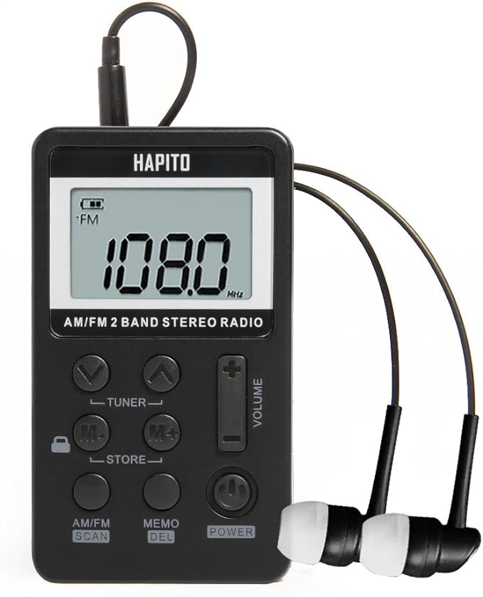 Pocket AM FM Radio Portable Digital Tuning Radio with Best Reception - Hapito Personal Small Transistor radios with Sterio Earphone, Rechargeable Battery and Lock Screen for Walk/Gym (Black)