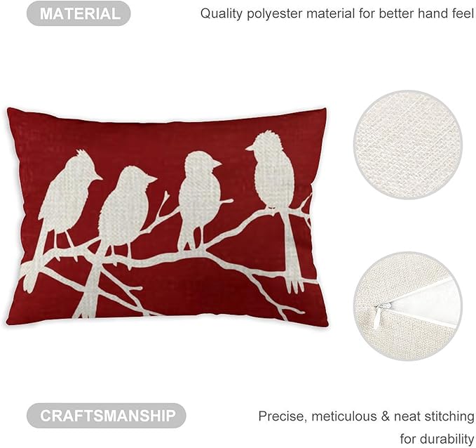 ITFRO Set of 2 Birthday Gift Birds Standing On A Branch Cotton Linen Lumbar Nature Wild Animals Throw Pillow Cover Cushion Case Sofa Home Decor 12x20 Inches (Red Set)