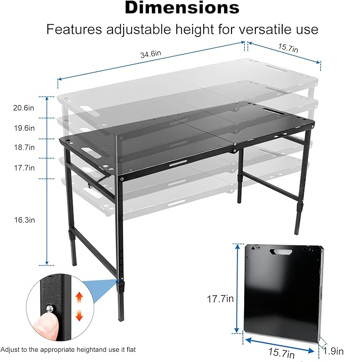 Tactical Camping Table with Adjustable Height, Collapsible Table Lightweight with Carry Bag for Camping, Travel expeditions, Hiking, Picnics, BBQs & Beach Trips