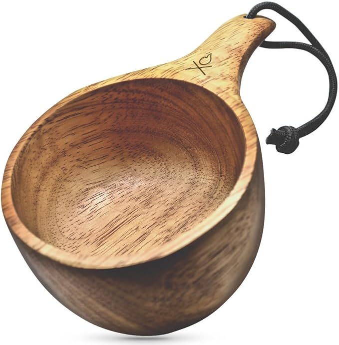überleben | Lore Kuksa Wooden Cup – Handcarved 12oz Coffee Mug, Bowl with Lanyard & Carabiner – Lightweight Camping Essentials & Traditional Nordic Bushcraft Gear