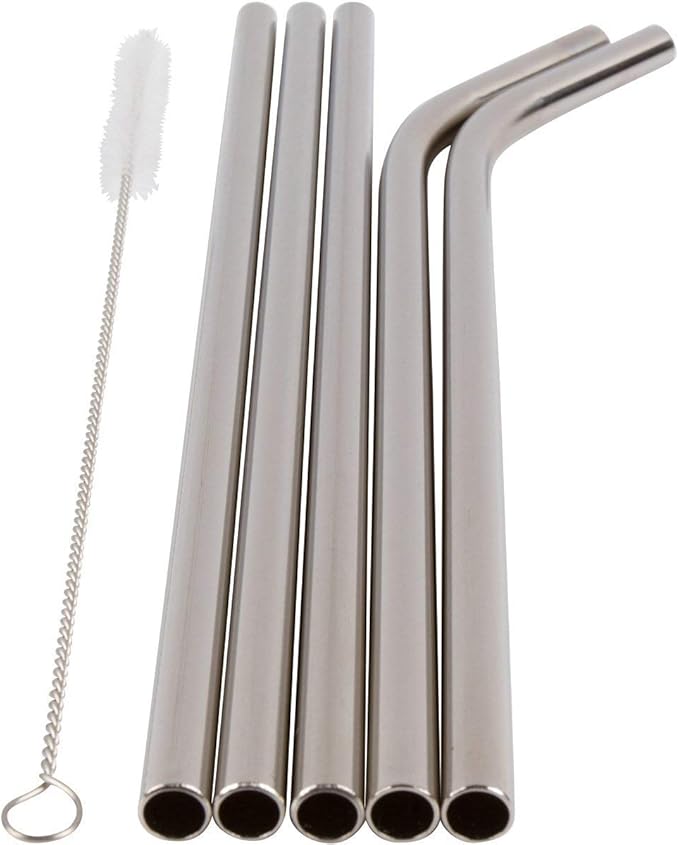 Healthy Human Set of 5 BPA Free Reusable Metal Drinking Stainless Steel Straws with Portable Travel Case -Ideal for 20oz Tumblers - 3 Straight - 2 Bent & Straw Cleaner