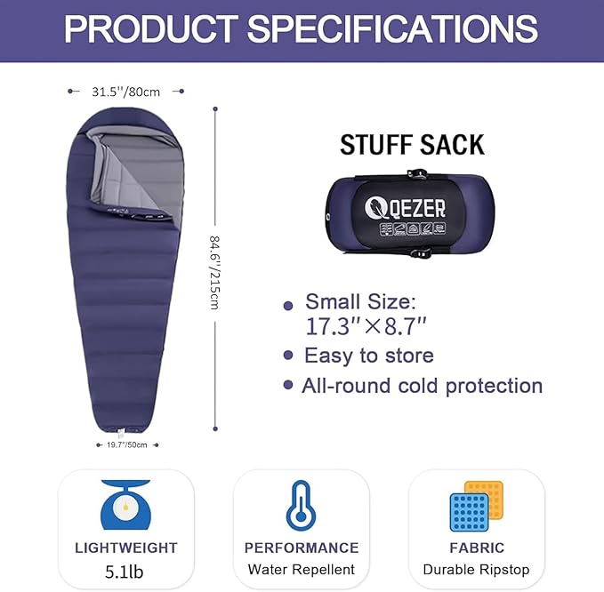Down Sleeping Bag for Adults, 0°F 10°F 15°F 20°F 600 Fill Power Mummy Lightweight Compact Cold and Warm Weather Backpacking Sleeping Bag for Camping Hiking Outdoor All Seasons