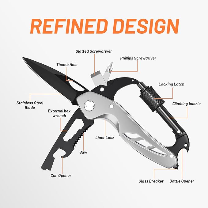 Carabiner Multitool 9-in-1 EDC Pocket Knife, Hexwrench, Saw, Screwdriver, Bottle Opener, Breaker, Survival Gear for Camping Climbing, Gifts for Men Women, Stocking Stuffers (Silver)