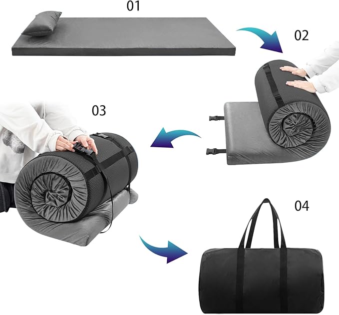 Aodisman Sleeping Pad,3-inch Thick Memory Foam Camping Mattress,Portable Roll-Up Mat for Car/Tent/Floor/Cot/Travel,Comfortable Pad for Guests Sleepover