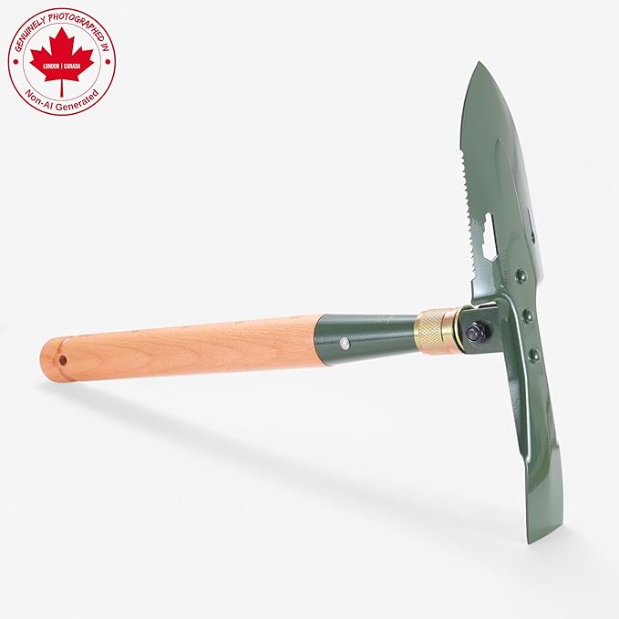 MASTIFF GEARS Military-Grade 2-in-1 Camping Shovel & Hoe - 1050 Steel, Foldable Wooden Handle, Metal Detecting Optimized, Canadian Designed & Tested, MOLLE Canvas Sheath | Limited