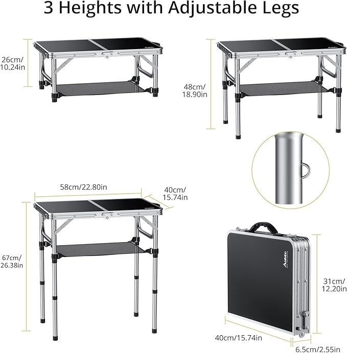 Anbte 2ft Folding Camping Table with Storage Net, 3 Adjustable Heights Small Folding Table Portable & Lightweight with Carry Handle, for Camping Fishing Picnic Beach Outdoor, 22.8"x 15.7", Silver