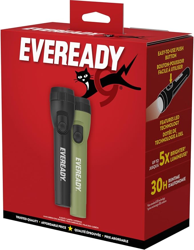 Eveready LED Flashlight Bright Reliable Flashlights for General Purpose, Great for Camping, Car, Emergency Storm Power Outage Handheld Flashlight (Batteries Included)
