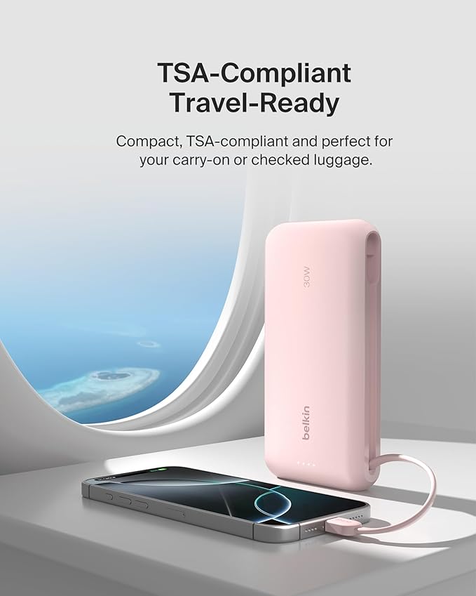 Belkin Power Bank with Integrated Cable, Fast Charging USB-C, 20000 mAh 30W, Portable Charger Power Bank USB C for iPhone 17, Air, Pro, Pro Max, iPad, AirPods, Apple Watch, Galaxy S25, & More - Pink
