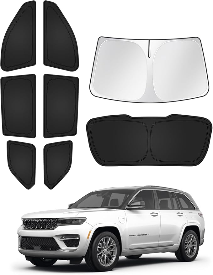 Canvcle Windshield Sun Shade for 2022-2025 2026 Jeep Grand Cherokee Accessories Sunshade Side Rear Window Shade Cover Sun Visor Shield Privacy Protection Keep Vehicle Cool Black 8PCS