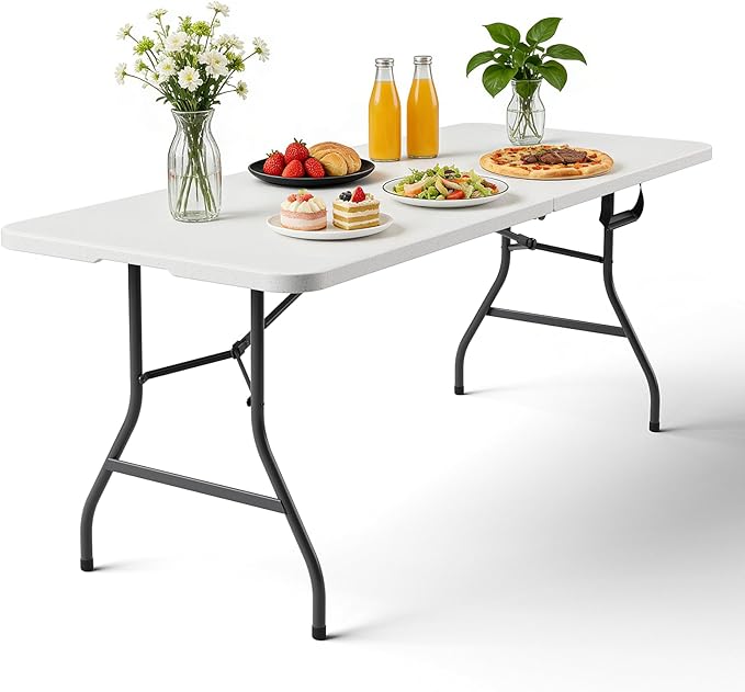 Folding Table 72" x 30" - Heavy Duty Plastic Table with Handle, Foldable & Portable, Fold-in-Half Utility Tables for Outdoor, Dining, Wedding, Events, Indoor, Picnic, Camping, Party (White)