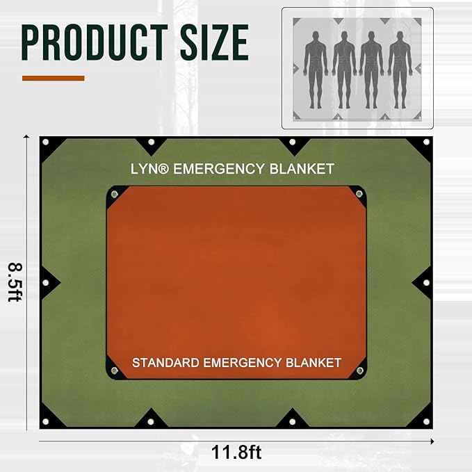 Safety Barrier：LYN XL Heavy Duty Survival Emergency Blanket/Tarp Cover-8.5'x11.8',Reflective Thermal Ripstop Waterproof,for Army,Tarp Covcer,Survial,Life Protection