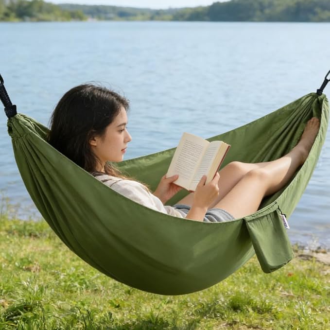 Camping Hammock, Portable Hammocks with Tree Straps & Attached Carry Bag, Travel Tree Hammocks for Outside Indoor Hiking Beach Backpack Travel(Green, Polyester Pongee)