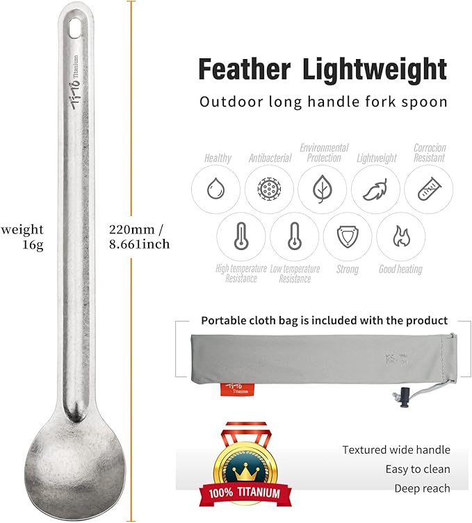 TiTo Titanium Long Handle Spork and Spoon Eco-Friendly Ultralight Portabale Flatware for Outdoor Camping Backpacking Hiking Travel Picnic Tableware with Bag (2pcs Titanium)