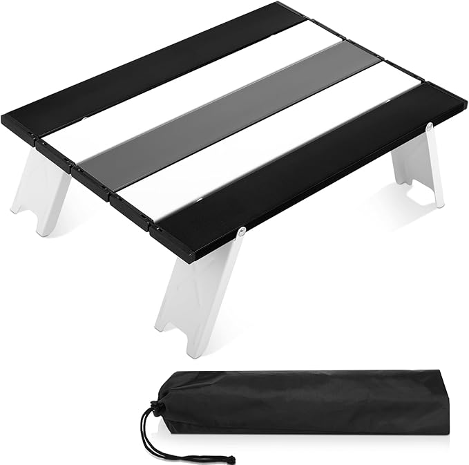 CroBlissful Beach Table Folding Camping Portable Table Striped White Aluminum Side with Carry Bag for Camping Picnics and Outdoor Activities (16x11x5 in,Gray)