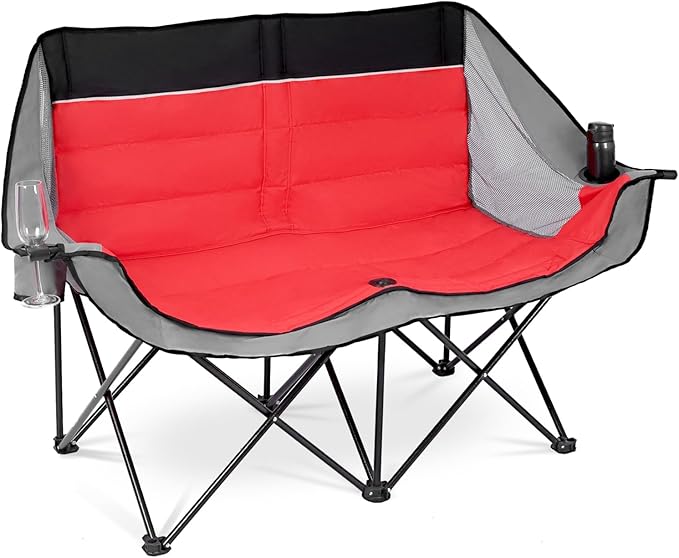 Byliable Double Camping Chair Outdoor 2-Seater Oversized 2 Person Portable Folding Lawn Chair with Cup Holders & Mesh Storage Pocket for Picnic, Camping, Beach, Sports, Hiking