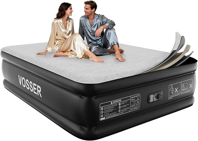 VOSSER Air Mattress with Built-in Pump,Queen 18'' Foam Topper Blow Up Mattress,Luxury Inflatable Mattress 2 Mins Self-Inflation/Deflation - Breathable and Flatness-Free for Camping, Home & Guests