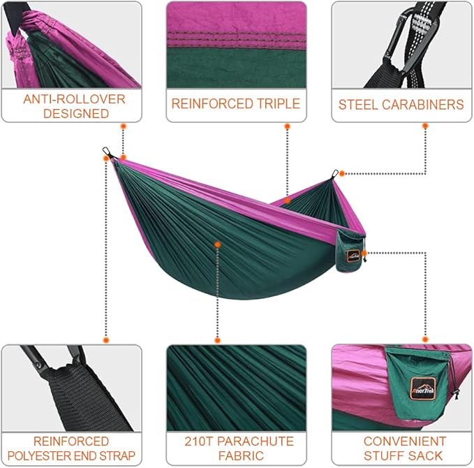 AnorTrek Camping Hammock, Super Lightweight Portable Parachute Hammock with Two Tree Straps Single or Double Nylon Travel Tree Hammocks for Camping Backpacking Hiking