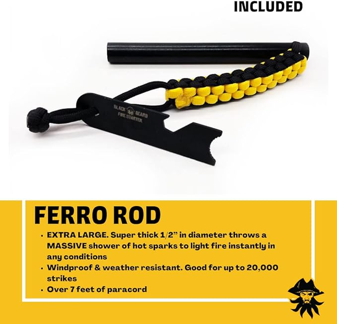 Black Beard Pirate's Plunder Fire Starter Kit with Waterproof Plasma Arc Lighter, Ferro Rod & Fire Starter Rope for Campfires in All-Weather Waterproof & Windproof