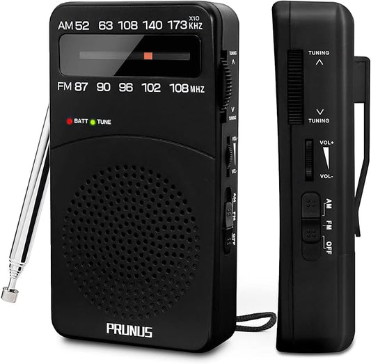PRUNUS J-166 Portable Radio AM FM, Battery Operated Radio with Tuning Light, Back Clip, Excellent Reception, AM FM Radios Portable, Transistor Radios