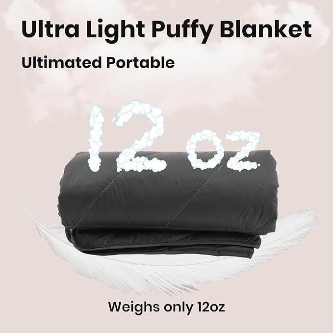 Ultralight Puffy Blanket, Outdoor Camping Blanket, Water-Resistant and Packable, Great for Camping, Stadium, Traveling, Backpacking, Picnic and Beach. 79"x55". Black.