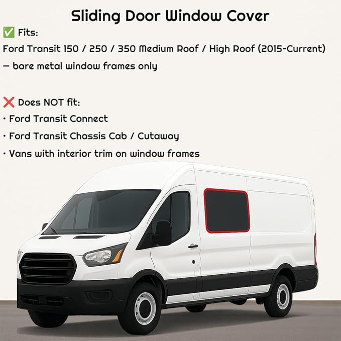 Magnetic Insulated Sliding Door Window Cover for 2015-2026 Ford Transit Medium and High Roof Vans with NO Plastic Trim, Blackout Privacy Sun Shades for Stealth Camping – Dark Gray