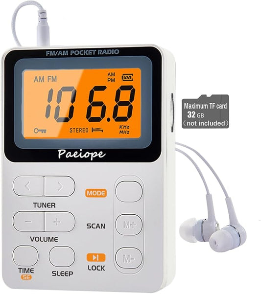 Portable Radio AM FM, Rechargeable Pocket Speaker with Best Reception Digital Tuning, MP3, Stereo Earphone, Large LCD Screen, TF Card Socket, Transistor Radio for Jogging/Gym/Camping(White)