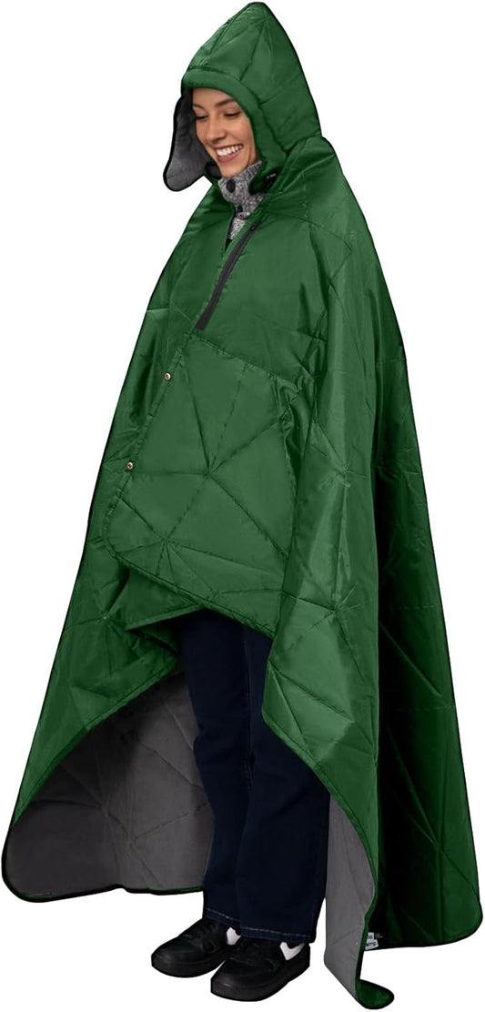 Large Outdoor Waterproof Blanket Extra Thick Fleece Stadium Blanket for Camping, Car, Pet, Picnics - Windproof, Wearable, Machine Washable 80" x 58" (Green,Hooded)