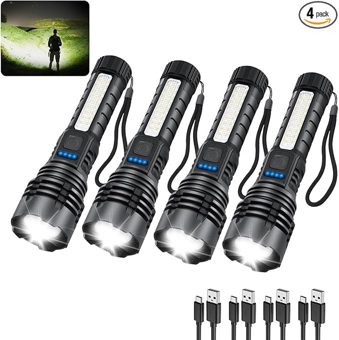 ZioeYiue Rechargeable Flashlights High Lumens, 7Mode Flashlights Rechargeable, Super Bright Flashlight Camping, Adjustable Tactical Flash Light High Powered, LED Flashlight for Home Emergency 4Pack