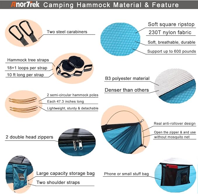 AnorTrek Professional Camping Hammocks with Mosquito Net, Lightweight Double for Camping, Hiking & Backpacking | Includes Two 10 FT Tree Straps, 230T Nylon Design