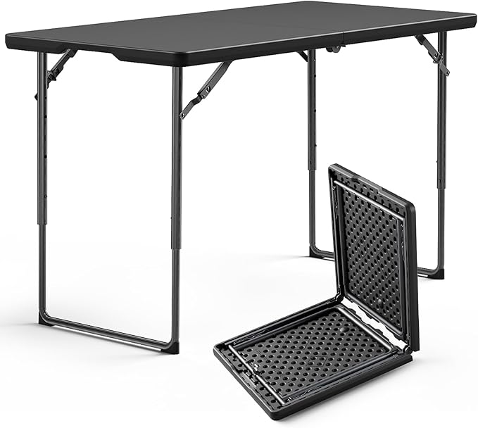 Folding Table 4ft - Heavy Duty Fold-in-Half Plastic Table with Adjustable Height, Portable Utility Tables with Steel Legs for Indoor, Outdoor, Picnic, Camping, Dining, Party(Black)
