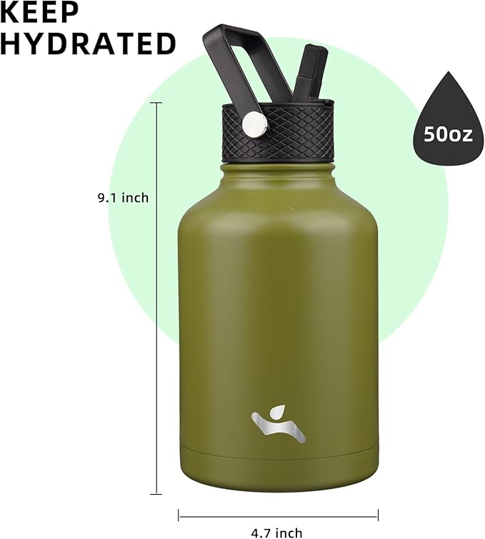 Konokyo Insulated Water Bottle with Straw,50 oz 3 Lids Water Jug with Carrying Bag,Paracord Handle,Double Wall Vacuum Stainless Steel Metal Flask,Forest Green