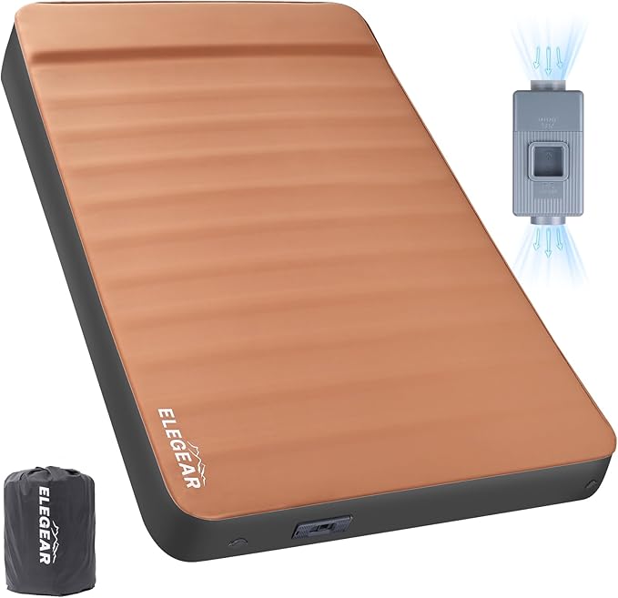 Elegear CumbreX™ Air & Foam Self Inflating Sleeping Pad, Built-in Electric Pump 4" Ultra-Thick Memory Foam Camping Mattress with Pillow Double Camping Pad 4-Season R-Value 9.5 Camp Mat (Khaki,Full)