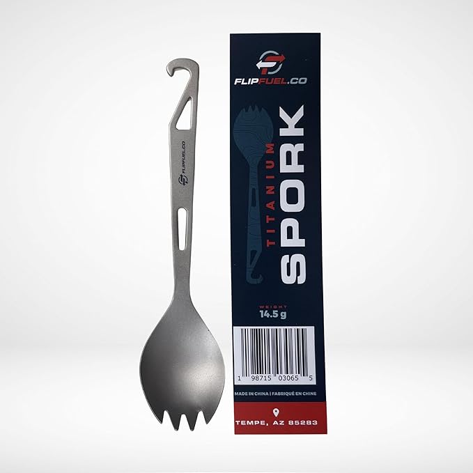 FlipFuel Titanium Spork – Ultralight Backpacking & Camping Utensil, Reusable Travel & EDC Spork with Multi-Function Hook