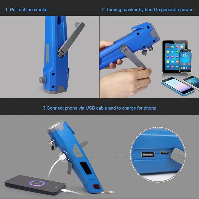 LUXON 8-in-1 Car Emergency Escape Safety Tool Kit:Window Breaker,Seat Belt Cutter,LED Flashlight,Rescue Tool USB Charger,Sire Blink Light, Hand Cranking Charge,Magnetic for Vehicle Escape(Blue)