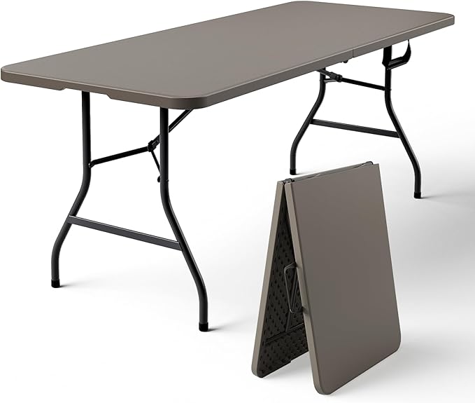 6ft Folding Table, Foldable Picnic Table Portable Table for Indoor Outdoor Use Heavy Duty Plastic Table Camping Table with Carry Handle for Party, BBQ, Khaki