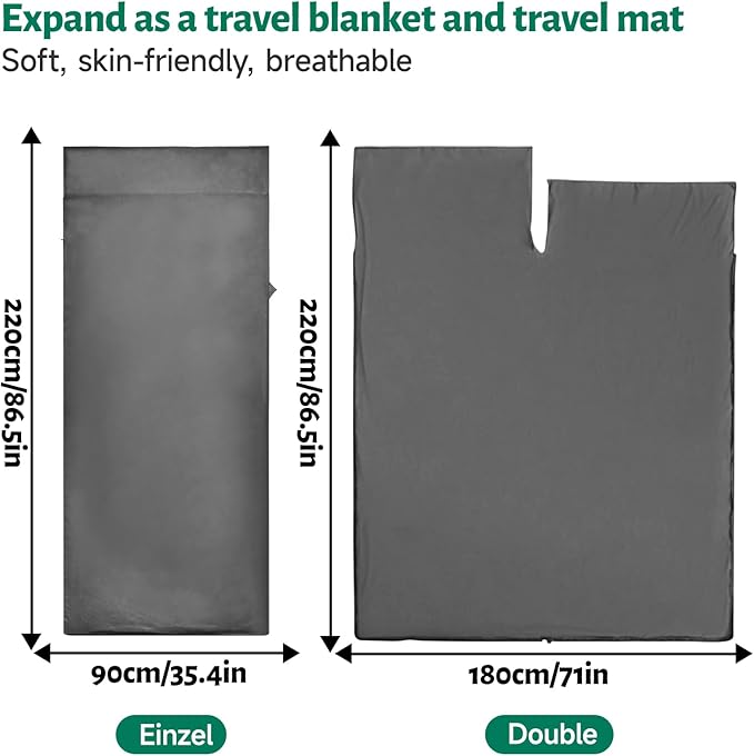 Ultralight Sleeping Bag Liner, Satin Sleep Sack, Comfy Breathable & Cooling & Silky Soft liner, Travel Sheets & Adult Sleep Sack with 2 Way Zipper, Ideal for Backpacking, Hotel, Camping, Hostels